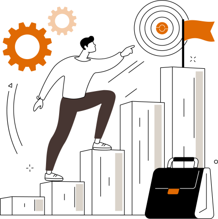 Eine Person steigt Stufen empor, die zu einer Zielscheibe und einer Flagge führen; Symbole für Erfolg, Planung und berufliche Ziele