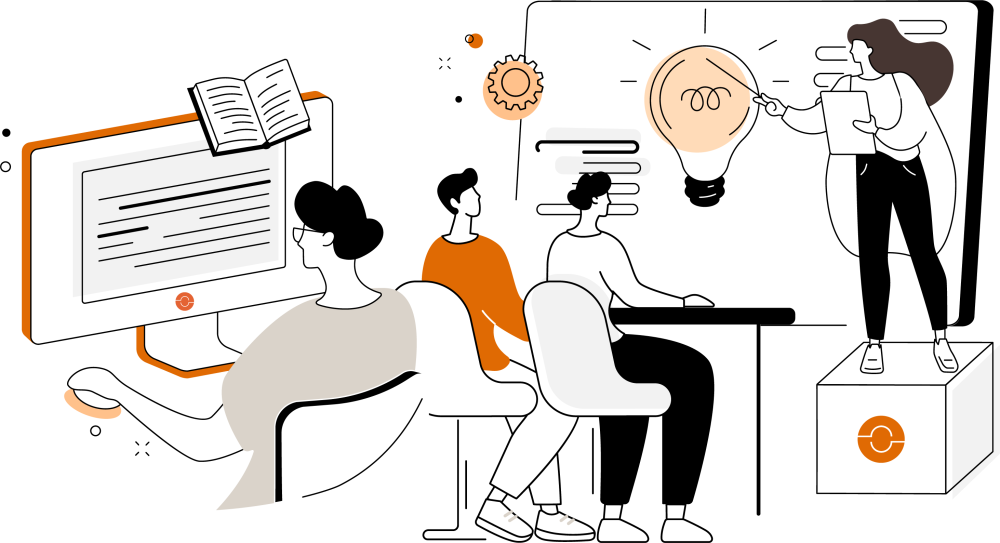 Grafik zeigt eine Referentin vor einer Gruppe, die eine Glühbirne als Symbol für neue Ideen präsentiert, sowie Personen am Computer