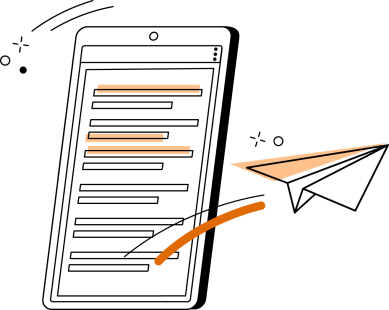 Grafik eines Tablets mit Textzeilen und eines Papierfliegers, der den digitalen Nachrichtenversand symbolisiert